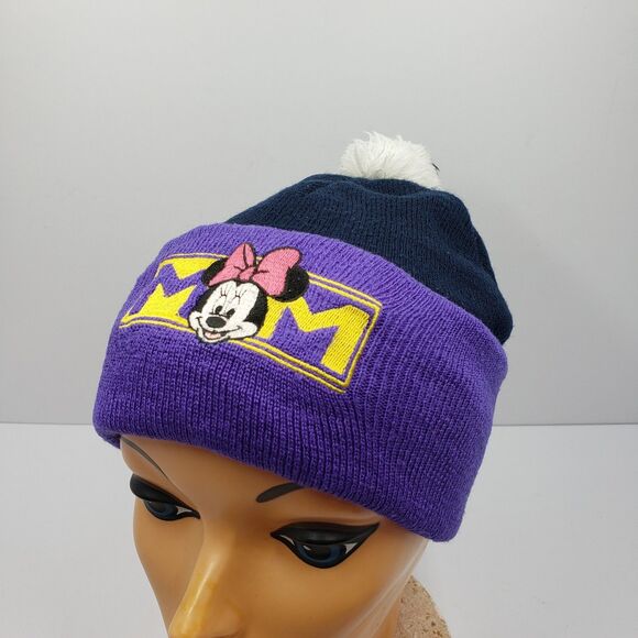Disney Accessories - Vintage Disney Mickey Unlimited Minnie Mouse MOM Beanie Hat Purple Navy Knit Pom